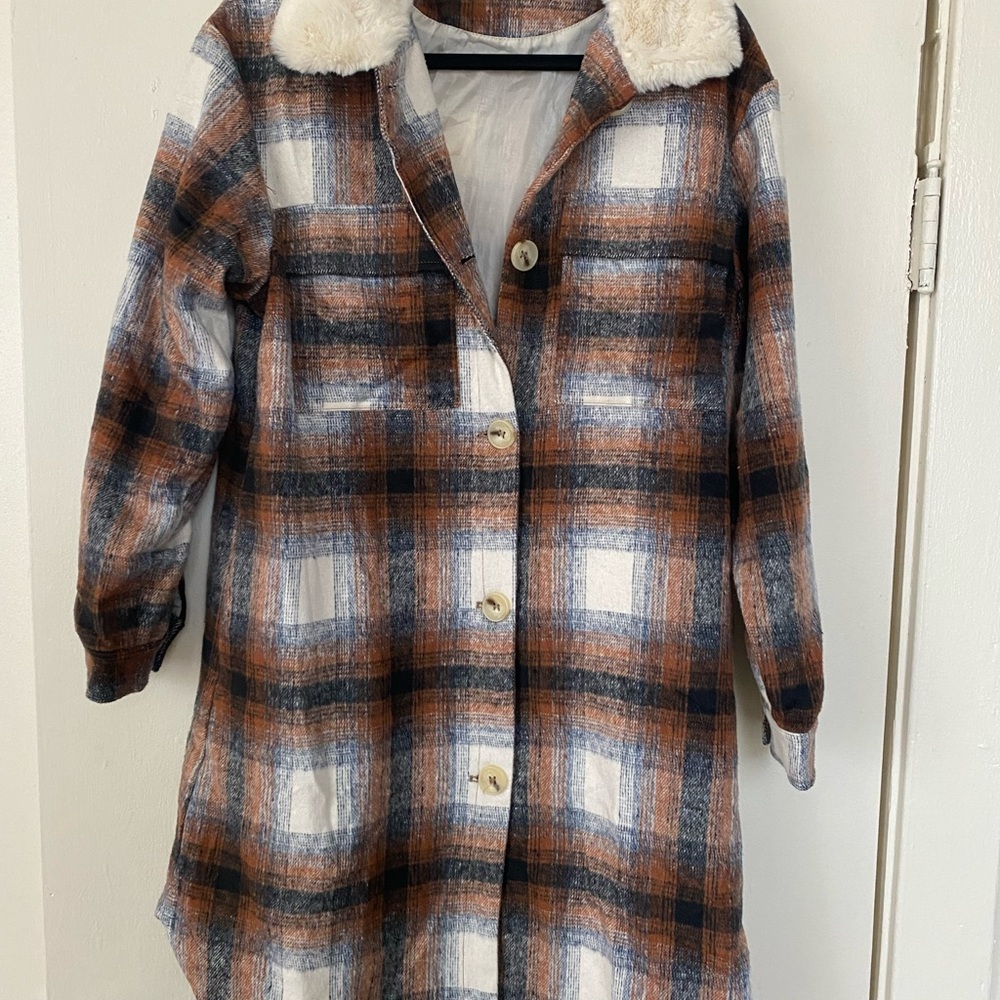 Brown and White Pea Coat with Fuzzy Collar